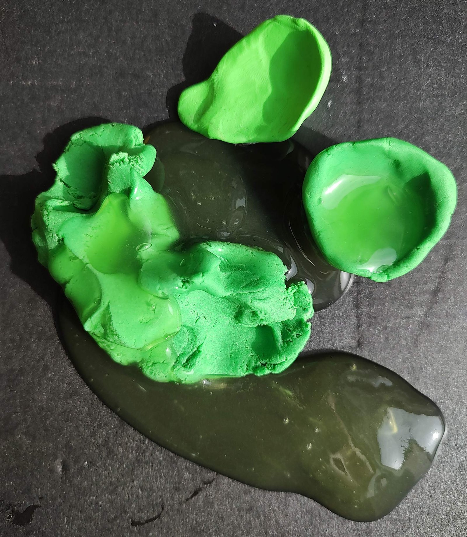 It is a photo of three different types of green neon play dough on a black background. They have different colors and textures. I wanted to show that there is not only transformability, but also vulnerability.