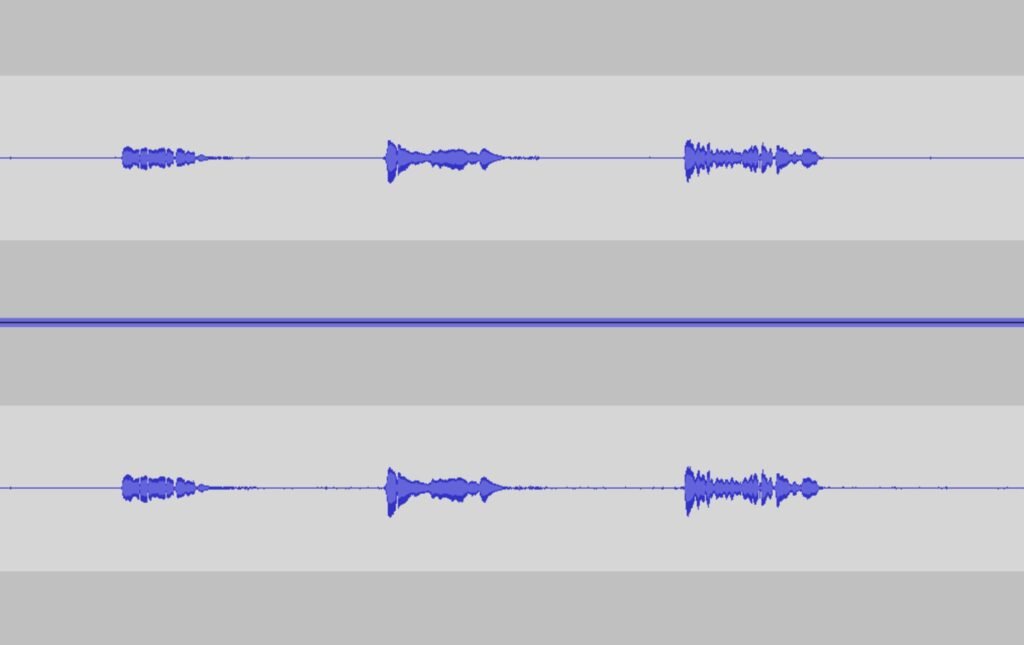 A graphic image of soundwaves: strong blue lines going up and down forming loose frayed shapes on a soft grey background with a deep black line, the pattern repeats again and again slightly different every time