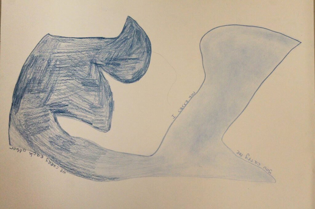 It is a picture that I drew myself with a blue pen. On the white background is an abstract blue shape. There are several round angular bulges on the left and right sides. It reminds me a bit of the letter U. It can also remind me of a whale. The part on the left looks a bit like a fish fin. It's triangular and has a notch in the centre. The part on the right is like the open mouth of a whale. The shape also takes up the whole space of the picture like a whale when he comes to the water's surface from the depths. The shape has contours. I painted them in with the same colour. I coloured in the left part with lots of irregular small lines. The right part is rather smooth and even and slightly lighter in colour. At the bottom left is the blue overhead text in English: We carry each other. On the edge in the centre of the shape, the blue text is written in English from bottom to top: I carry you. On one edge on the right-hand side is the blue overhead text in English: You carry me. This picture gives me a sense of calm, just like the blue of the water. It also gives me a feeling of being held in the water.